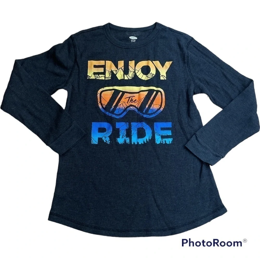 Old Navy Boys Waffle Knit Thermal Long Sleeve Graphic Size XL 14-16 Snowboard